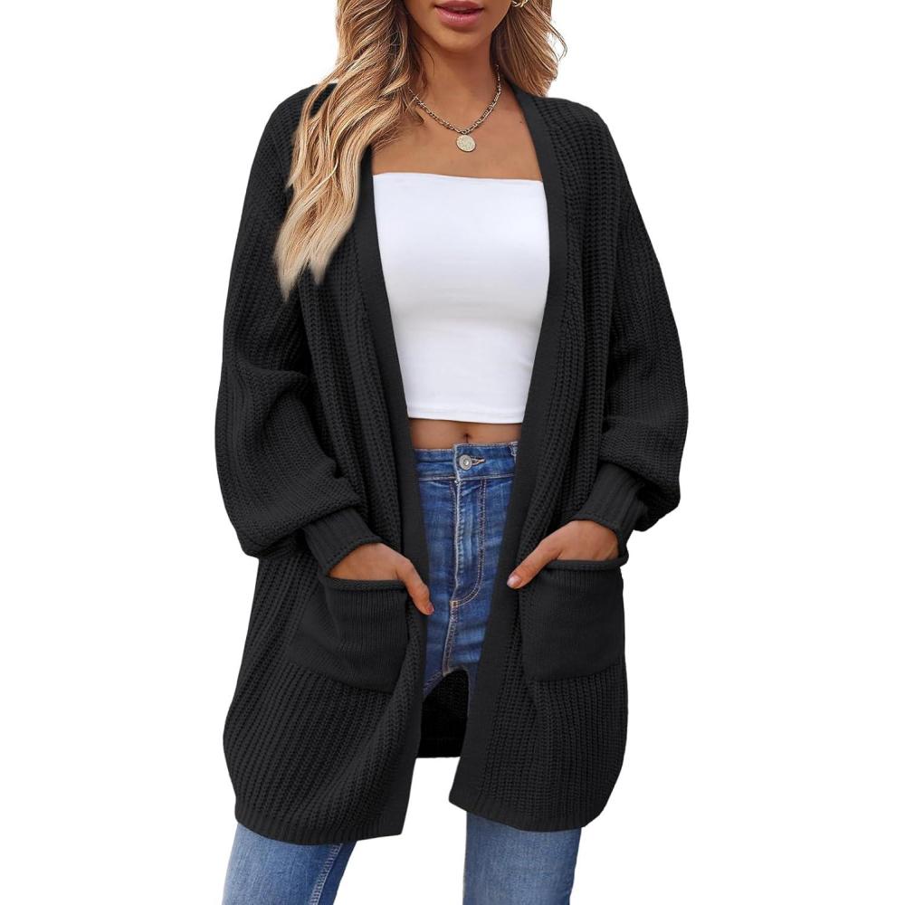 imageLILLUSORY Long Oversized Cardigans Sweaters for Women Open Front Knit Fall with Pockets 2025 Outfits FashionBlack