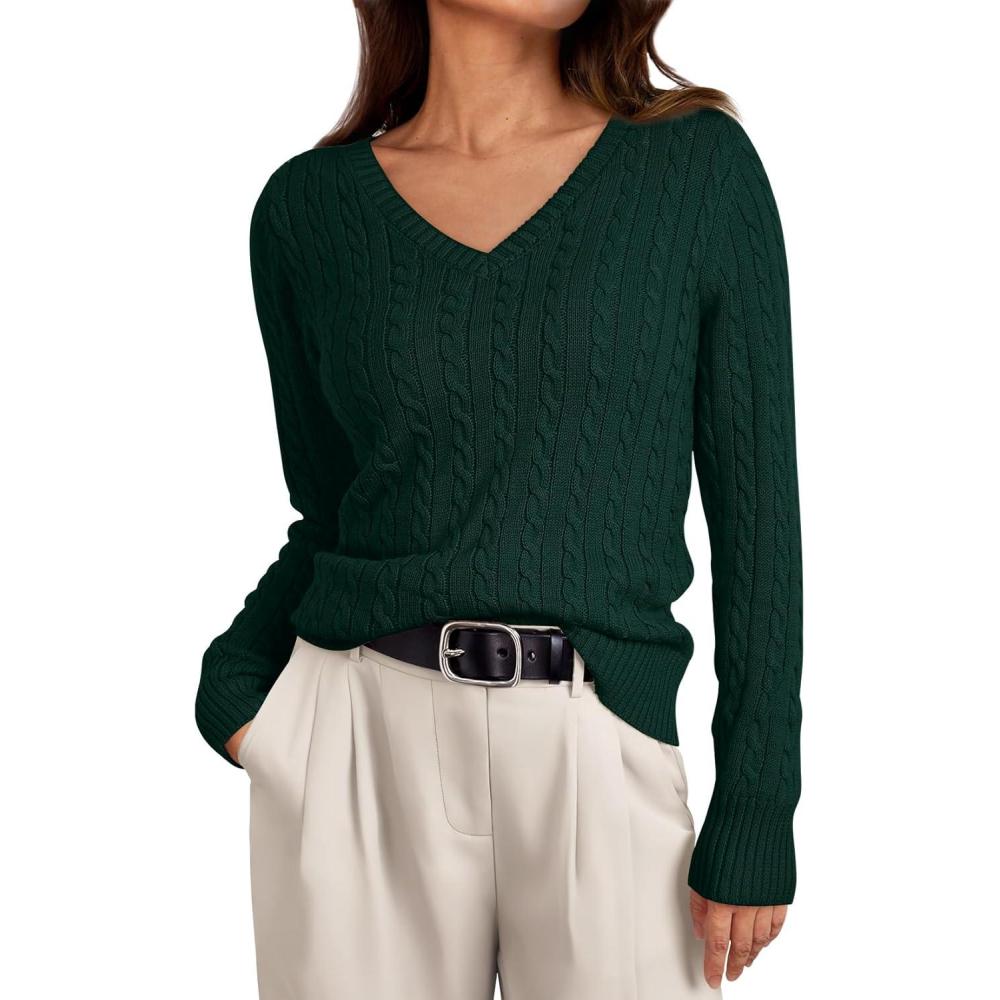 imageLILLUSORY Womens Cable Knit V Neck Lightweight Soft Pullover SweatersDark Green