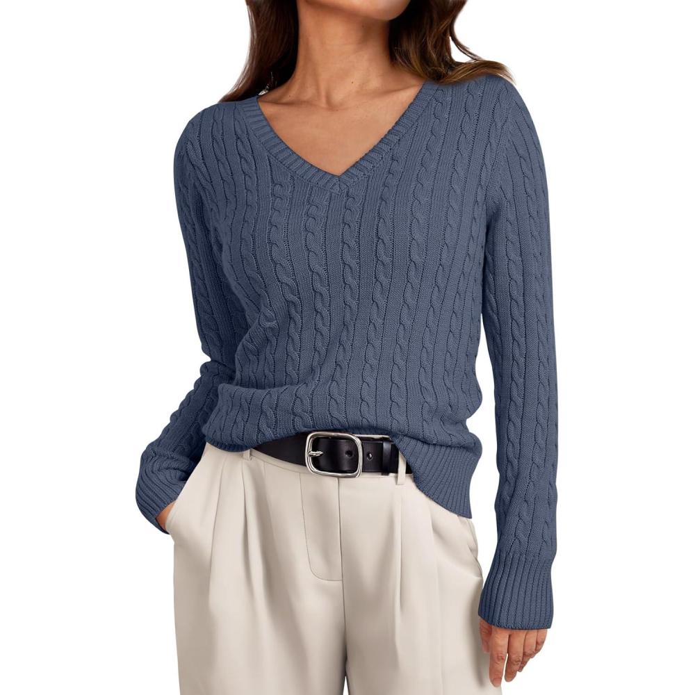imageLILLUSORY Womens Cable Knit V Neck Lightweight Soft Pullover SweatersDusty Blue