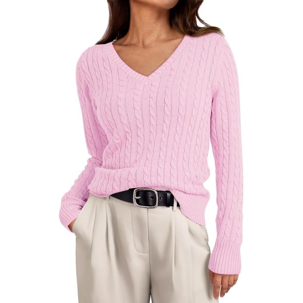 imageLILLUSORY Womens Cable Knit V Neck Lightweight Soft Pullover SweatersPink