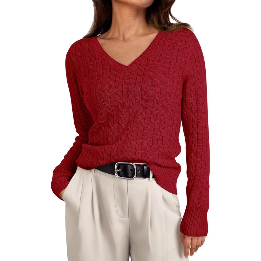 imageLILLUSORY Womens Cable Knit V Neck Lightweight Soft Pullover SweatersRed