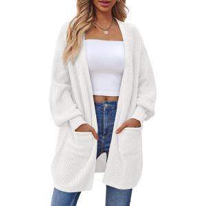 imageLILLUSORY Long Oversized Cardigans Sweaters for Women Open Front Knit Fall with Pockets 2025 Outfits FashionWhite