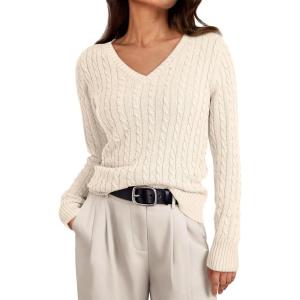 imageLILLUSORY Womens Cable Knit V Neck Lightweight Soft Pullover SweatersCream