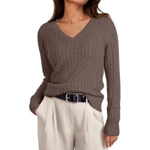imageLILLUSORY Womens Cable Knit V Neck Lightweight Soft Pullover SweatersNutmeg
