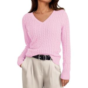 imageLILLUSORY Womens Cable Knit V Neck Lightweight Soft Pullover SweatersPink