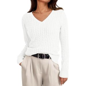 imageLILLUSORY Womens Cable Knit V Neck Lightweight Soft Pullover SweatersWhite