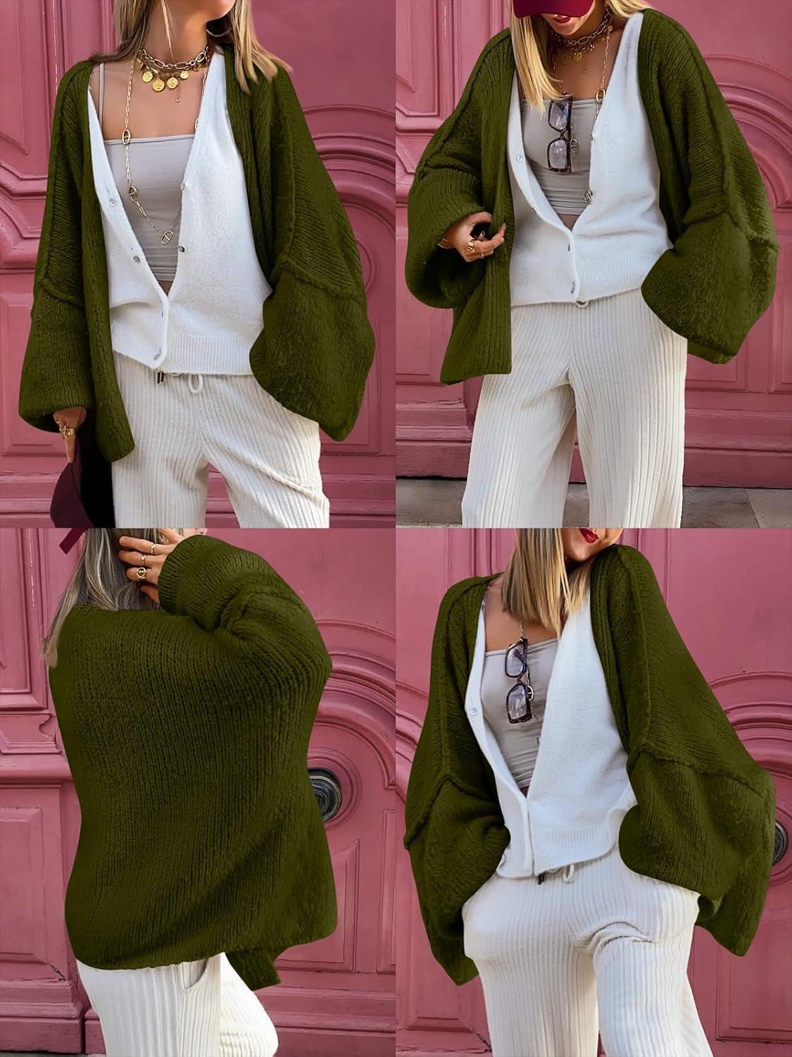 imageLILLUSORY Chunky Cardigan Sweaters for Women Oversized Long Trendy Early Fall Outfits Fashion Cozy 2025 Winter ClothingArmy Green