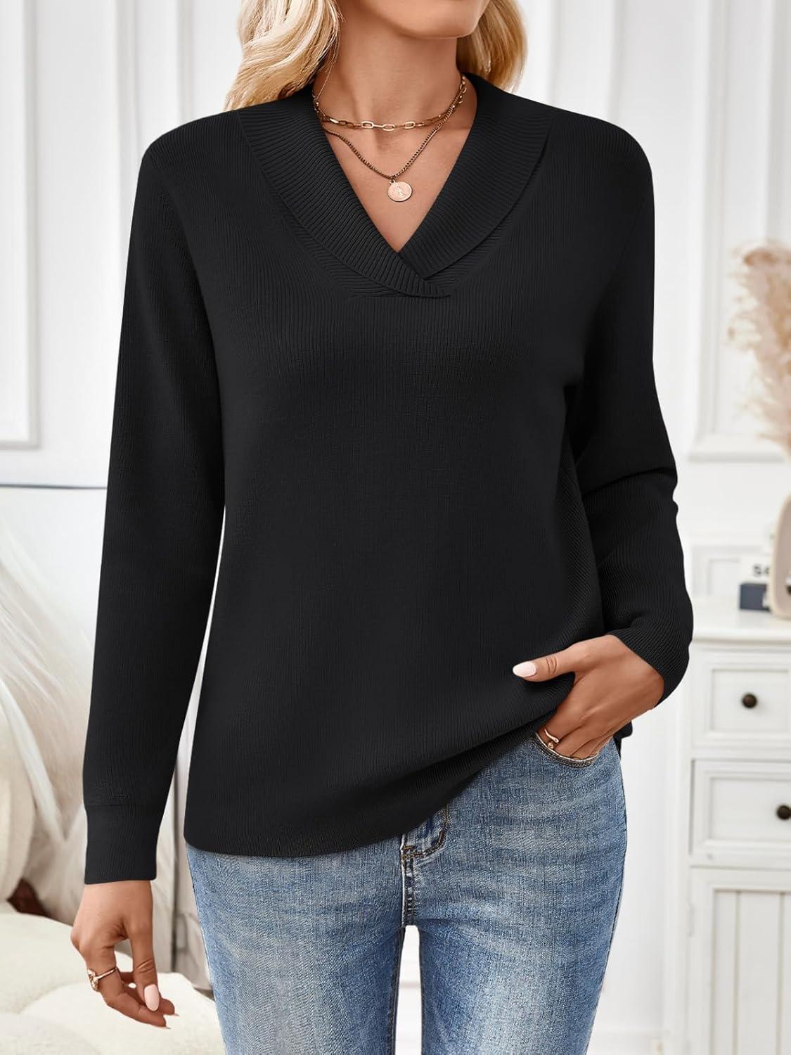 imageLILLUSORY V Neck Lightweight Sweaters for Women Fall Fashion 2025 Outfits Pullover Tops Trendy Tunic Long Sleeve TopsBlack