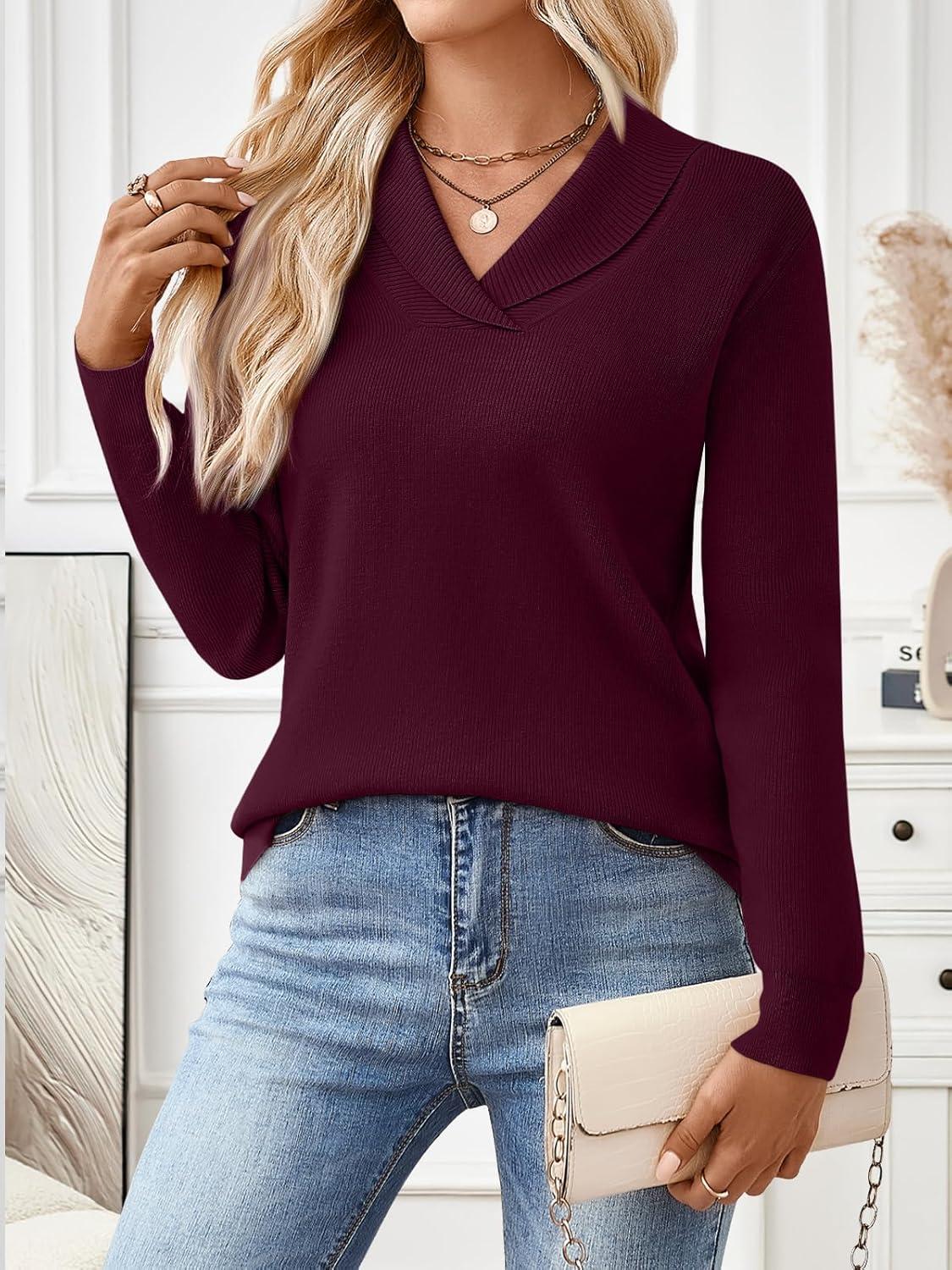 imageLILLUSORY V Neck Lightweight Sweaters for Women Fall Fashion 2025 Outfits Pullover Tops Trendy Tunic Long Sleeve TopsWine Red