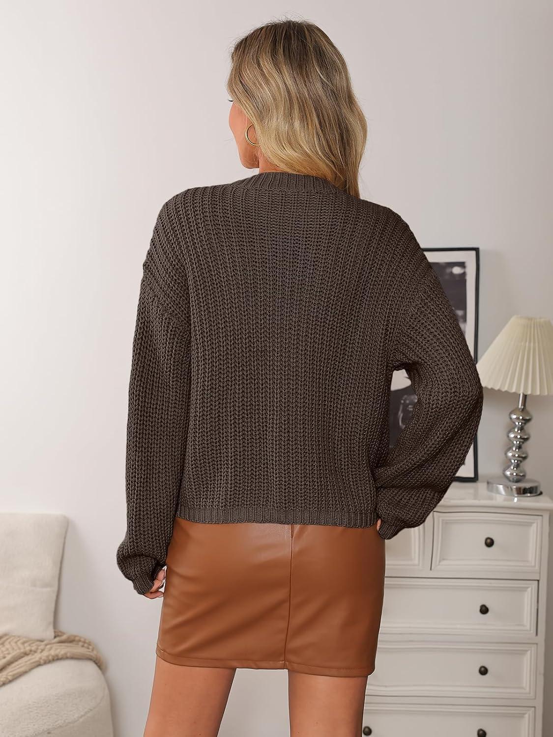 imageLILLUSORY Women Chunky Cropped Cardigan Sweater Fall Oversized Cable Knit Crochet Outfit 2025 Trendy Clothes Cozy Winter CoatBrown