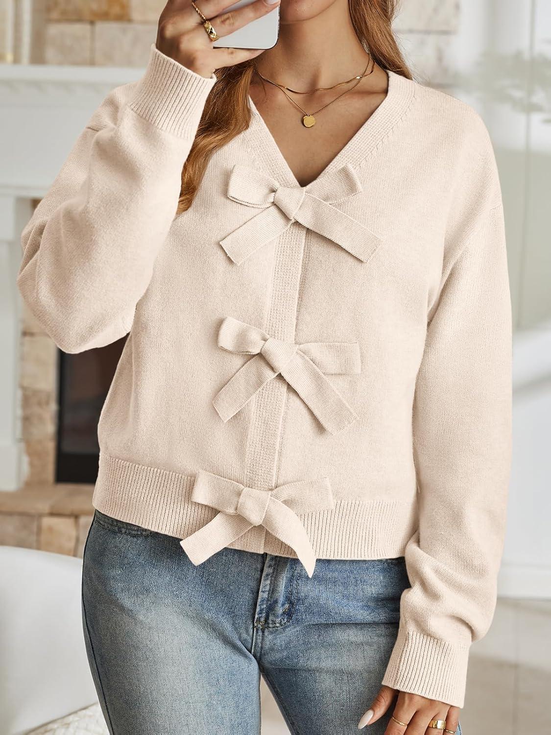 imageLILLUSORY Womens Cropped Cardigan Sweater Chunky Knit Tie Front Bow Fall Top V Neck Outfits Cute Cozy Clothes 2025 TrendyApricot