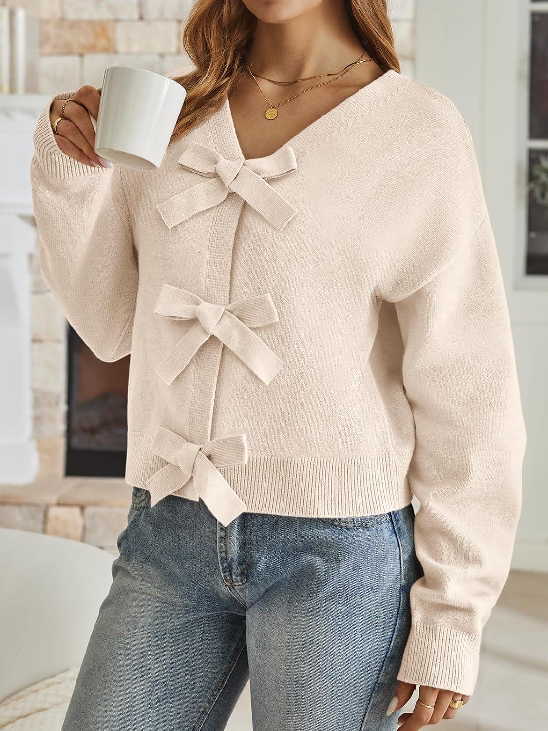 imageLILLUSORY Womens Cropped Cardigan Sweater Chunky Knit Tie Front Bow Fall Top V Neck Outfits Cute Cozy Clothes 2025 TrendyApricot