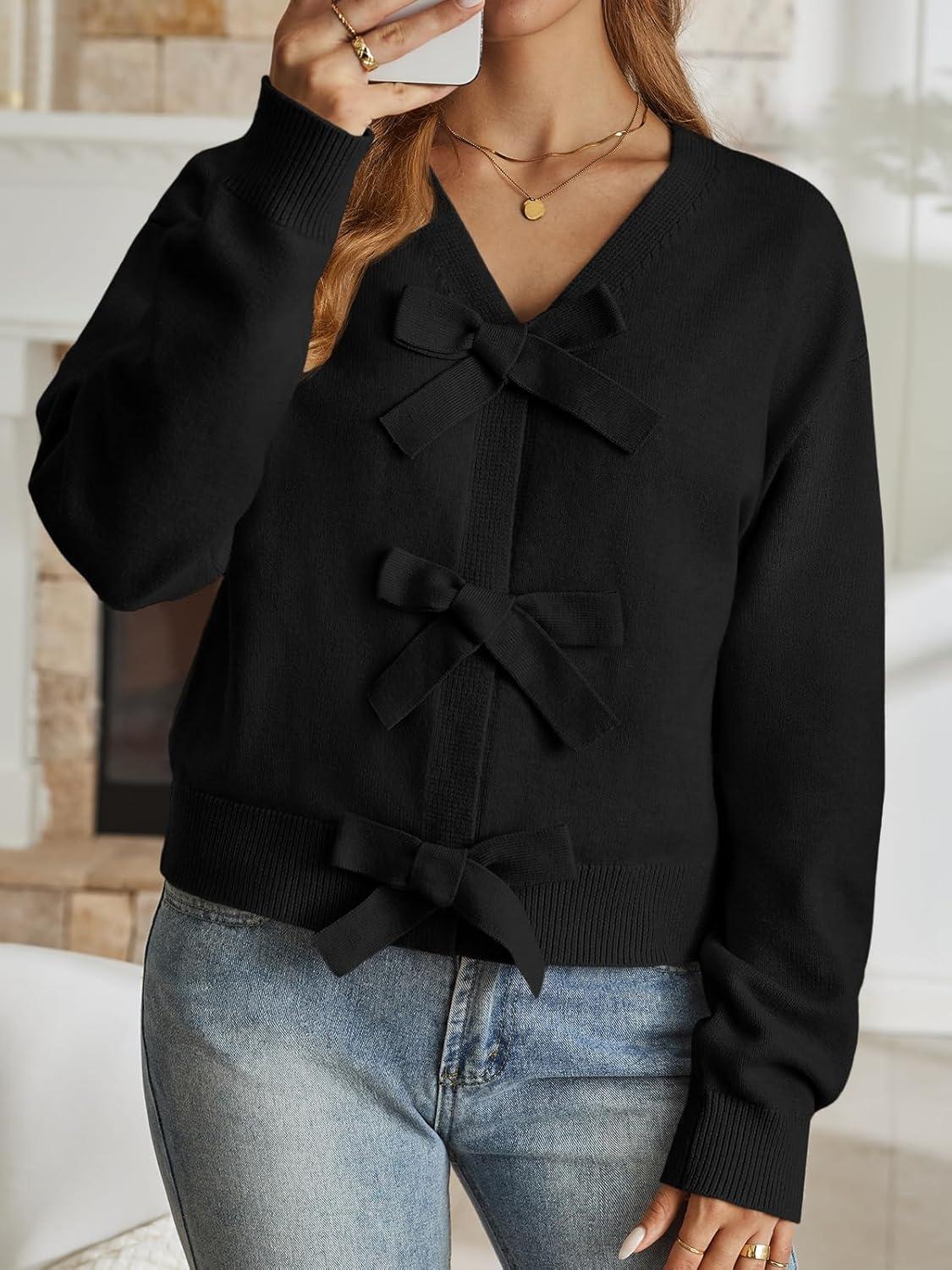 imageLILLUSORY Womens Cropped Cardigan Sweater Chunky Knit Tie Front Bow Fall Top V Neck Outfits Cute Cozy Clothes 2025 TrendyBlack