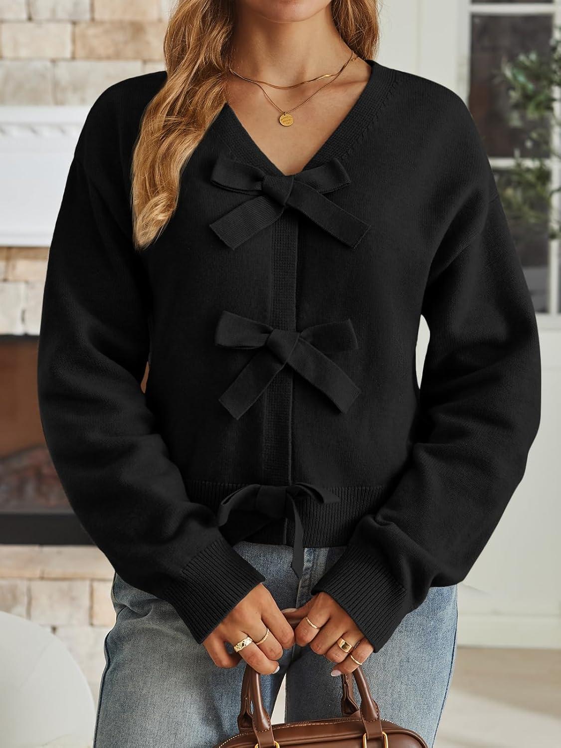 imageLILLUSORY Womens Cropped Cardigan Sweater Chunky Knit Tie Front Bow Fall Top V Neck Outfits Cute Cozy Clothes 2025 TrendyBlack