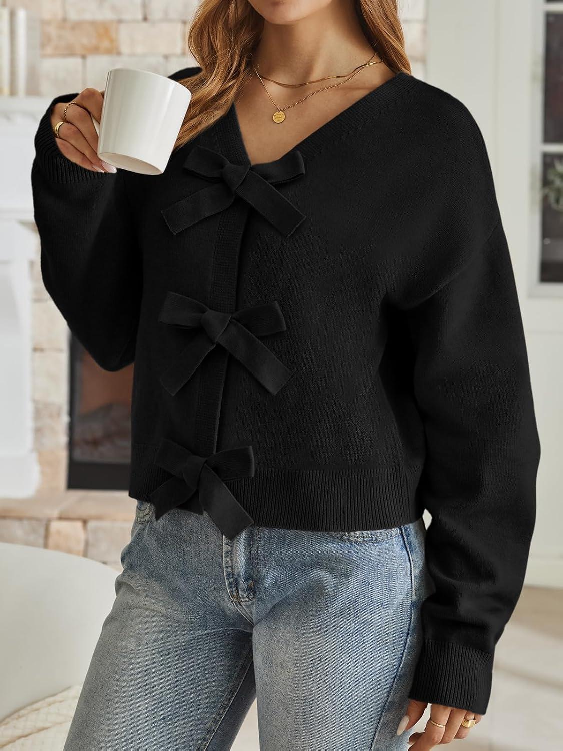 imageLILLUSORY Womens Cropped Cardigan Sweater Chunky Knit Tie Front Bow Fall Top V Neck Outfits Cute Cozy Clothes 2025 TrendyBlack