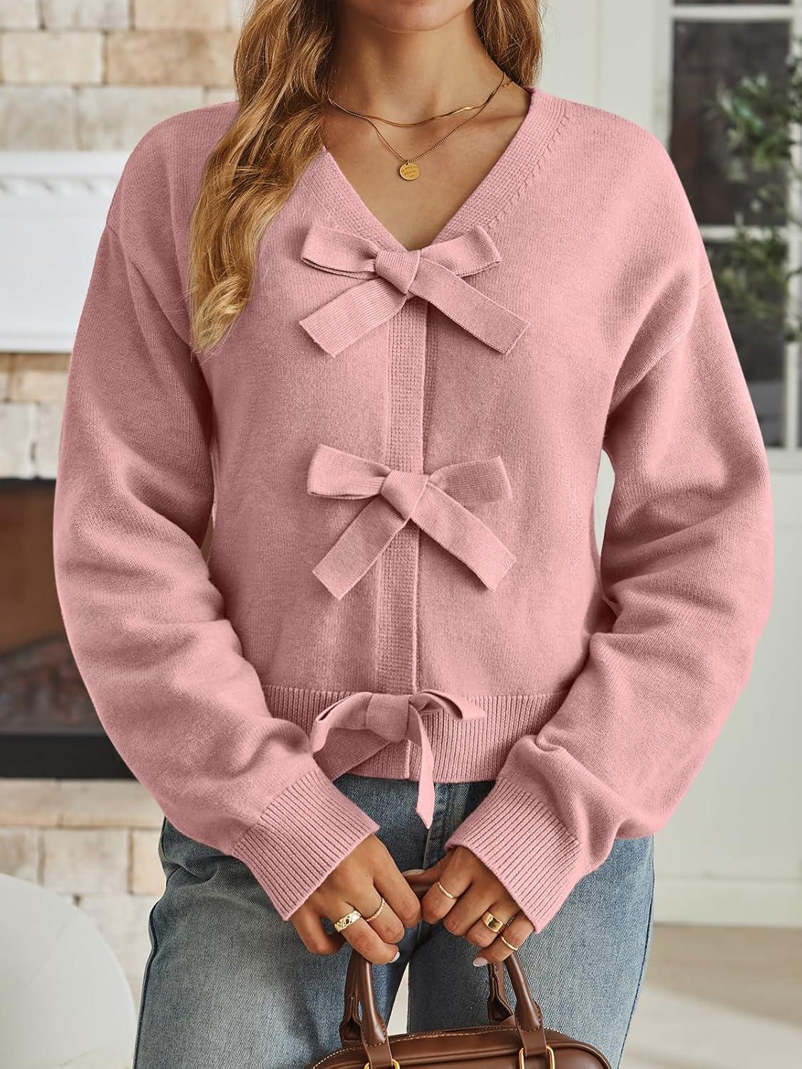 imageLILLUSORY Womens Cropped Cardigan Sweater Chunky Knit Tie Front Bow Fall Top V Neck Outfits Cute Cozy Clothes 2025 TrendyPink
