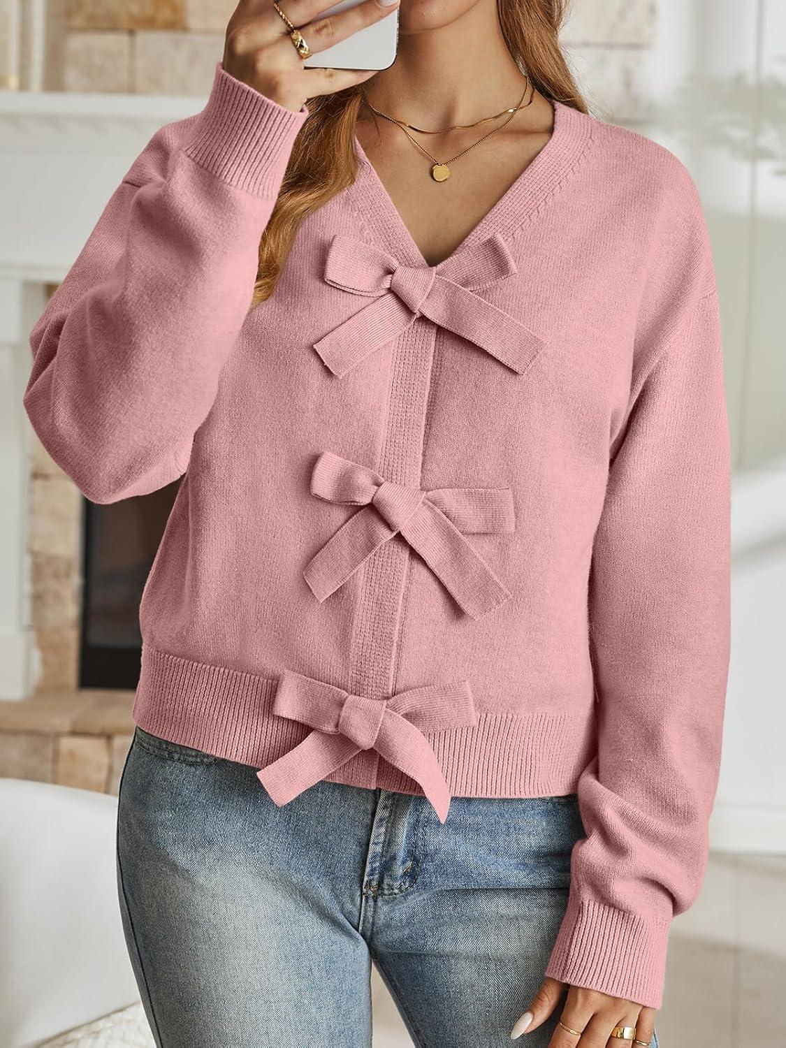 imageLILLUSORY Womens Cropped Cardigan Sweater Chunky Knit Tie Front Bow Fall Top V Neck Outfits Cute Cozy Clothes 2025 TrendyPink