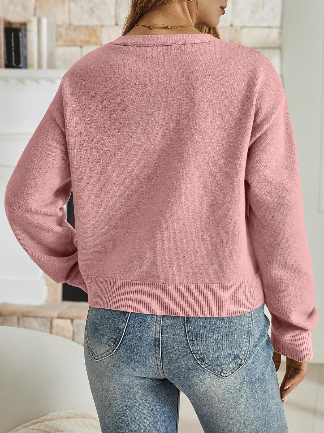 imageLILLUSORY Womens Cropped Cardigan Sweater Chunky Knit Tie Front Bow Fall Top V Neck Outfits Cute Cozy Clothes 2025 TrendyPink