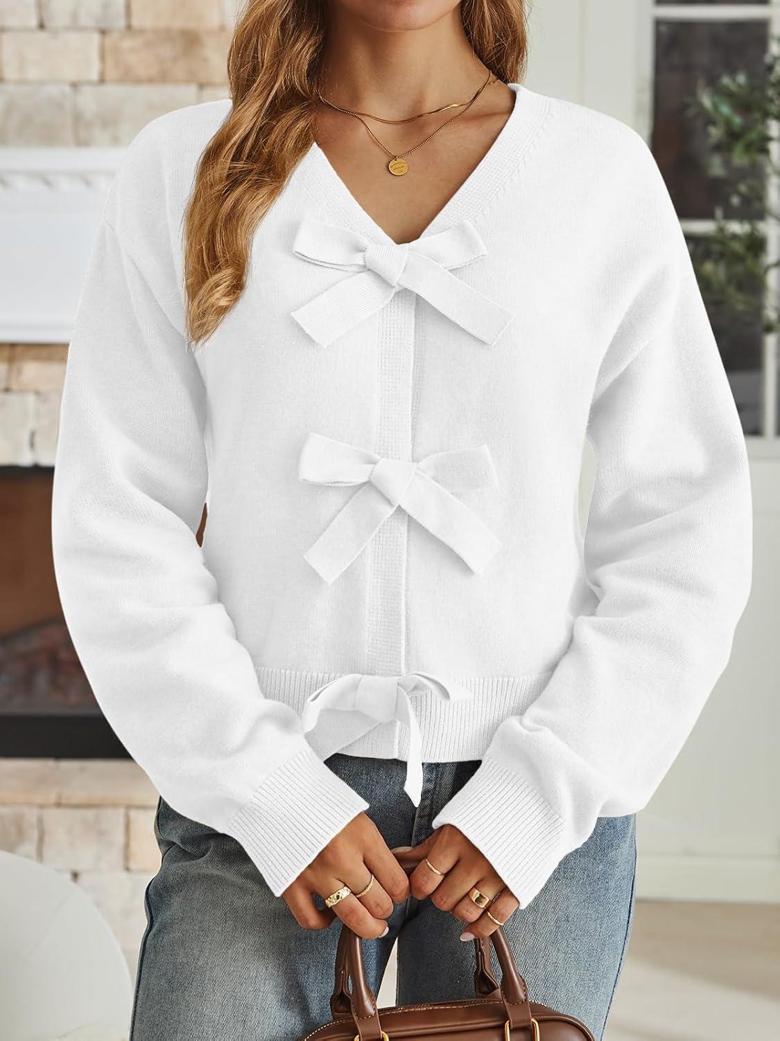 imageLILLUSORY Womens Cropped Cardigan Sweater Chunky Knit Tie Front Bow Fall Top V Neck Outfits Cute Cozy Clothes 2025 TrendyWhite