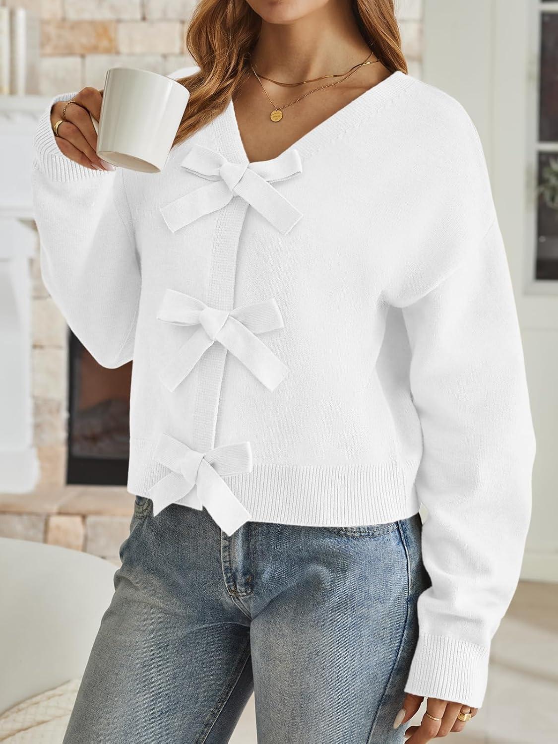 imageLILLUSORY Womens Cropped Cardigan Sweater Chunky Knit Tie Front Bow Fall Top V Neck Outfits Cute Cozy Clothes 2025 TrendyWhite