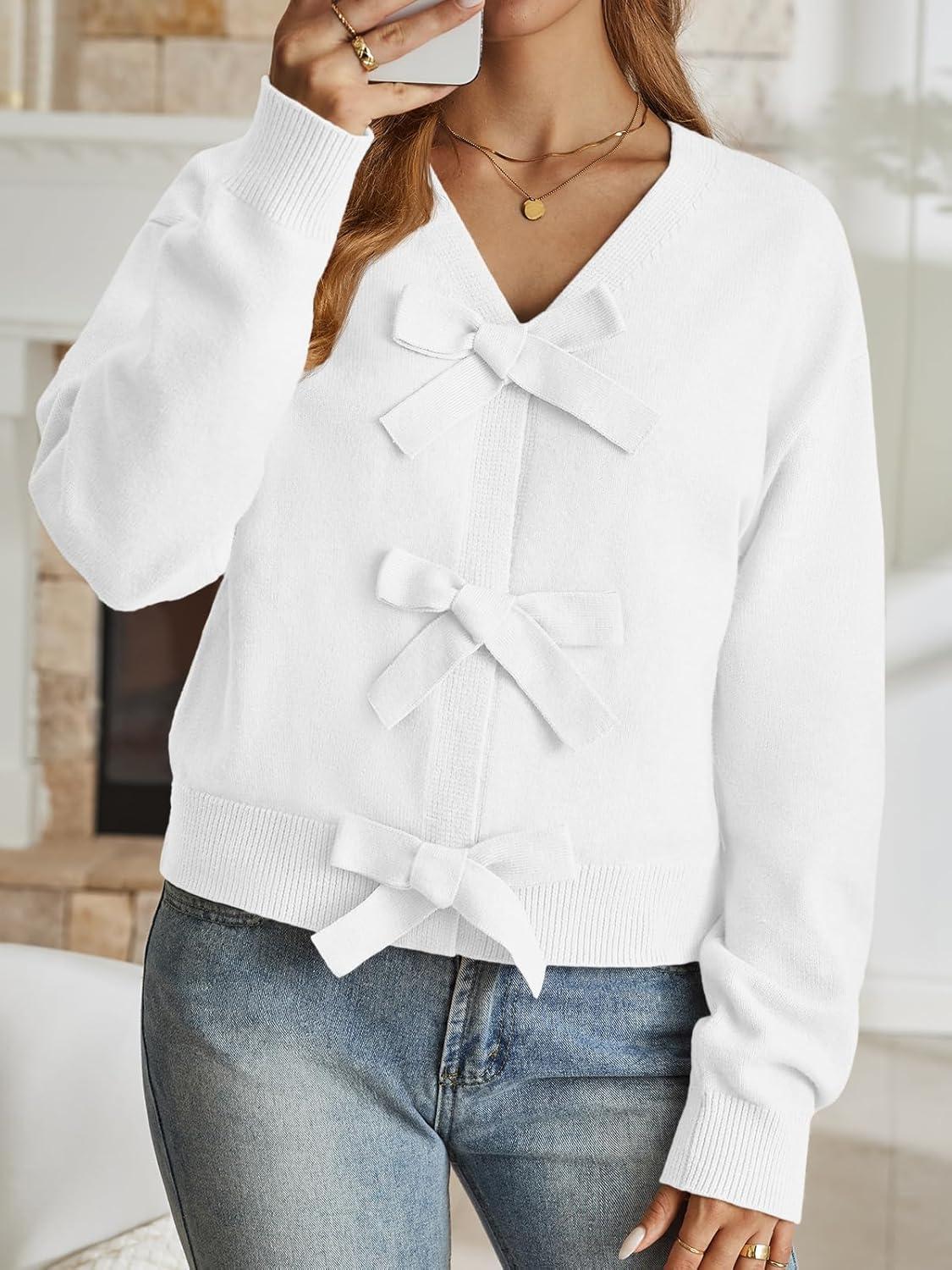 imageLILLUSORY Womens Cropped Cardigan Sweater Chunky Knit Tie Front Bow Fall Top V Neck Outfits Cute Cozy Clothes 2025 TrendyWhite