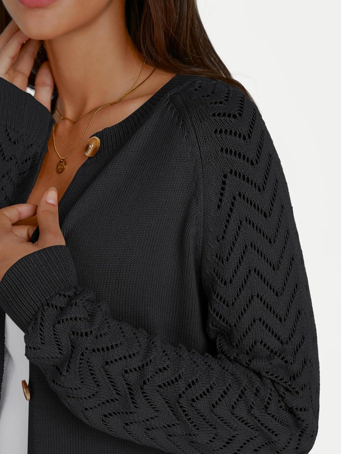 imageLILLUSORY Womens HollowedOut Crochet Cardigan Sweaters Soft Knit Lightweight Slightly Cropped SweaterBlack