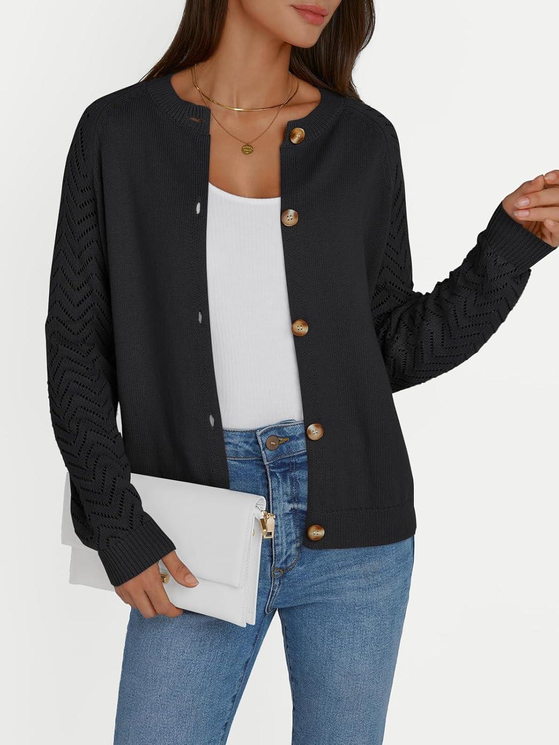 imageLILLUSORY Womens HollowedOut Crochet Cardigan Sweaters Soft Knit Lightweight Slightly Cropped SweaterBlack