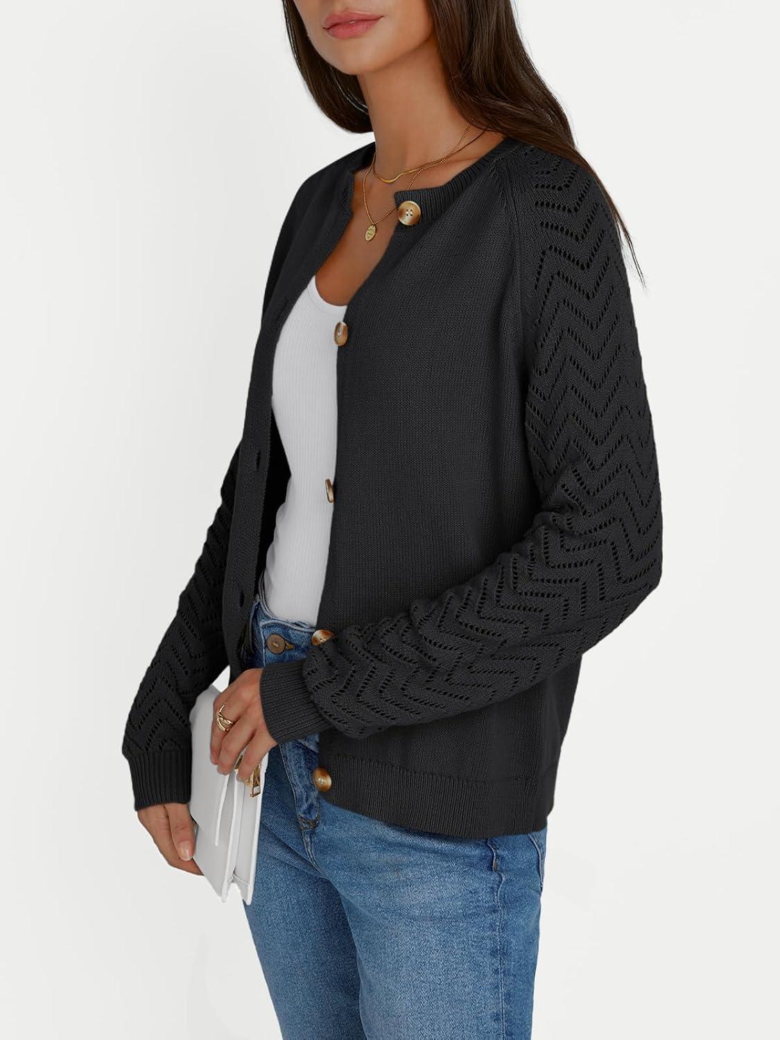 imageLILLUSORY Womens HollowedOut Crochet Cardigan Sweaters Soft Knit Lightweight Slightly Cropped SweaterBlack