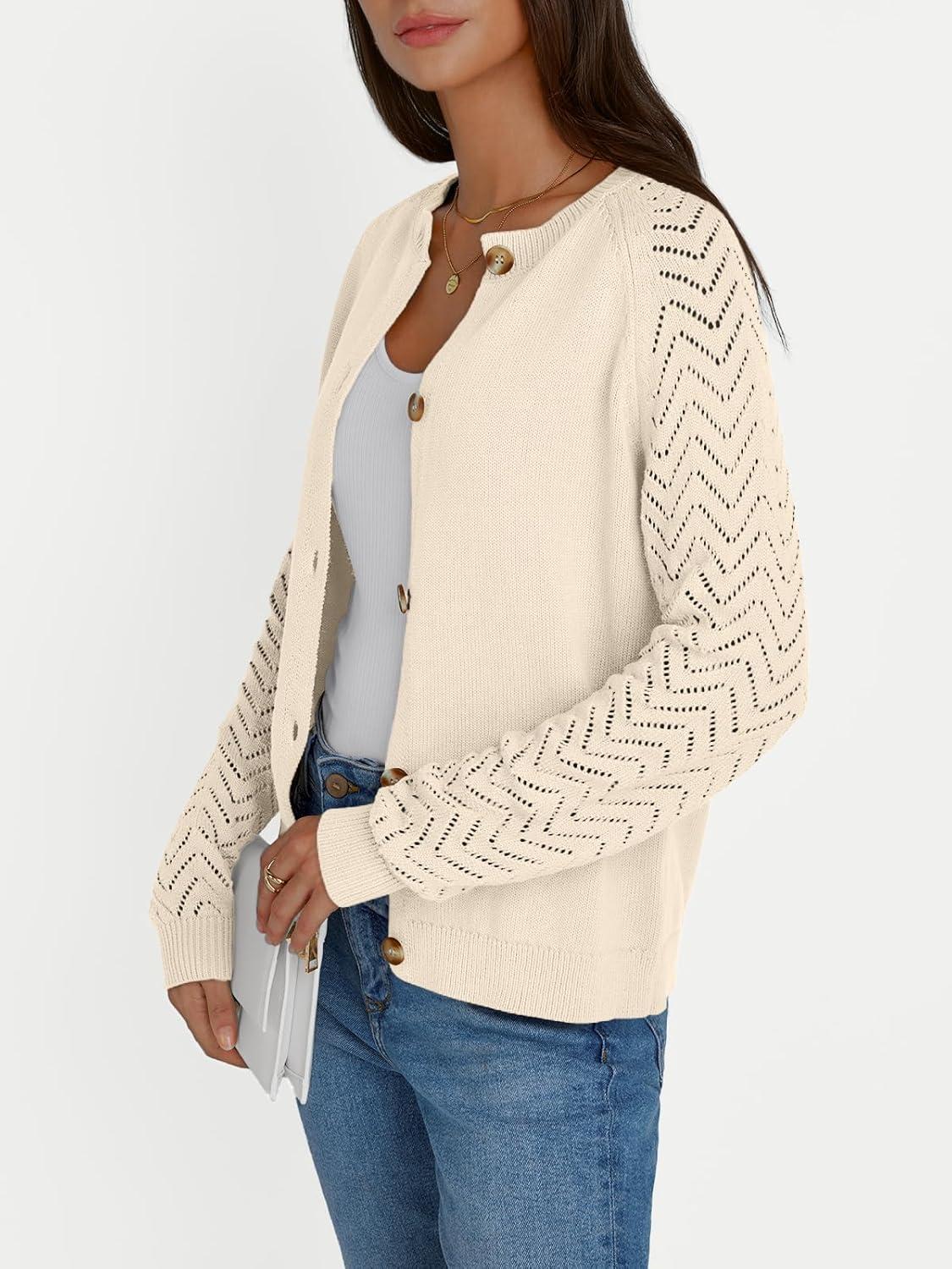 imageLILLUSORY Womens HollowedOut Crochet Cardigan Sweaters Soft Knit Lightweight Slightly Cropped SweaterCream