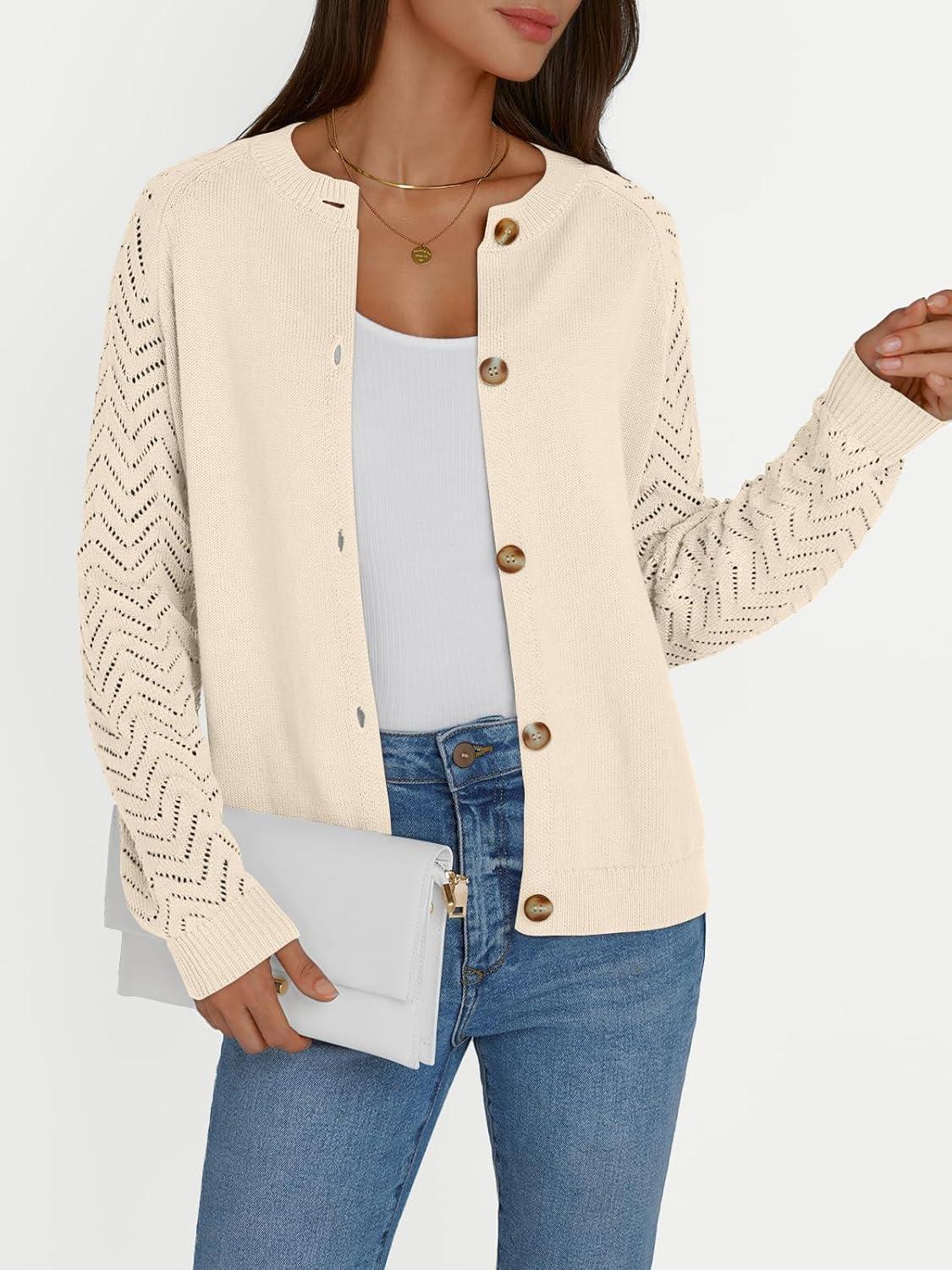 imageLILLUSORY Womens HollowedOut Crochet Cardigan Sweaters Soft Knit Lightweight Slightly Cropped SweaterCream