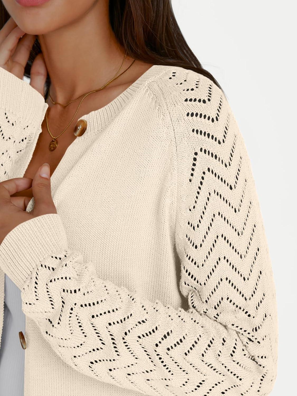imageLILLUSORY Womens HollowedOut Crochet Cardigan Sweaters Soft Knit Lightweight Slightly Cropped SweaterCream
