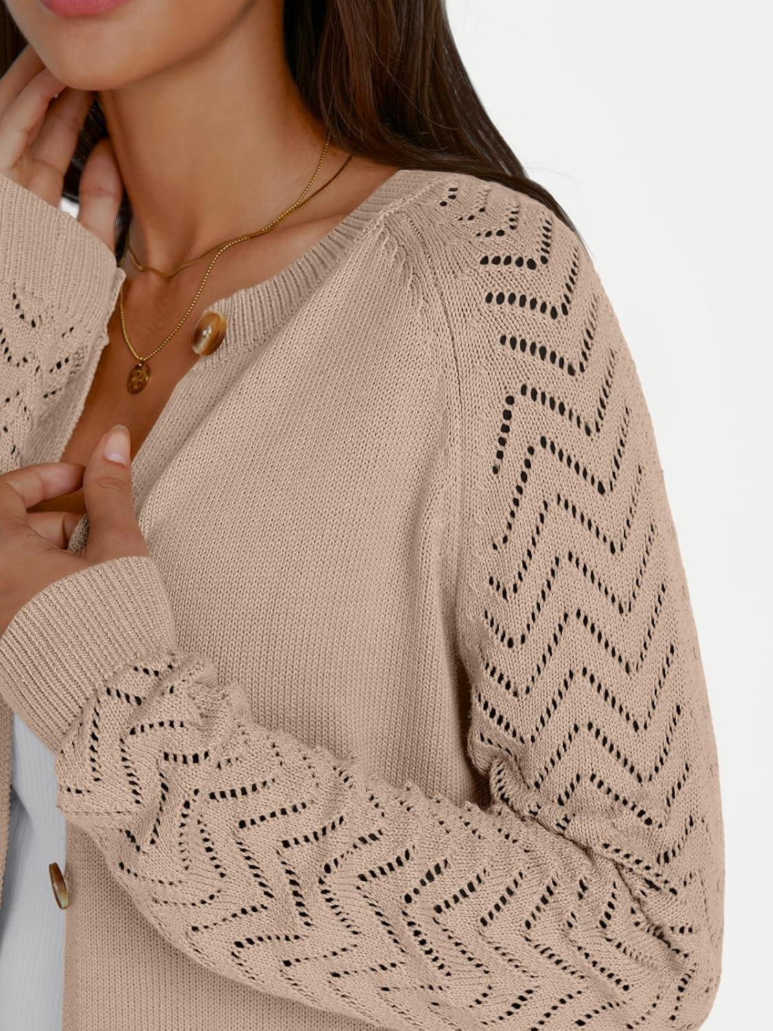 imageLILLUSORY Womens HollowedOut Crochet Cardigan Sweaters Soft Knit Lightweight Slightly Cropped SweaterLight Tan