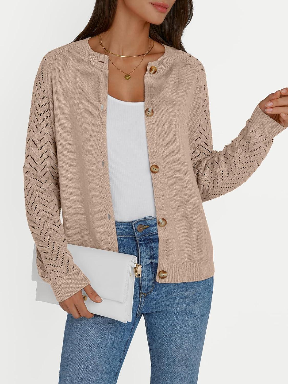 imageLILLUSORY Womens HollowedOut Crochet Cardigan Sweaters Soft Knit Lightweight Slightly Cropped SweaterLight Tan