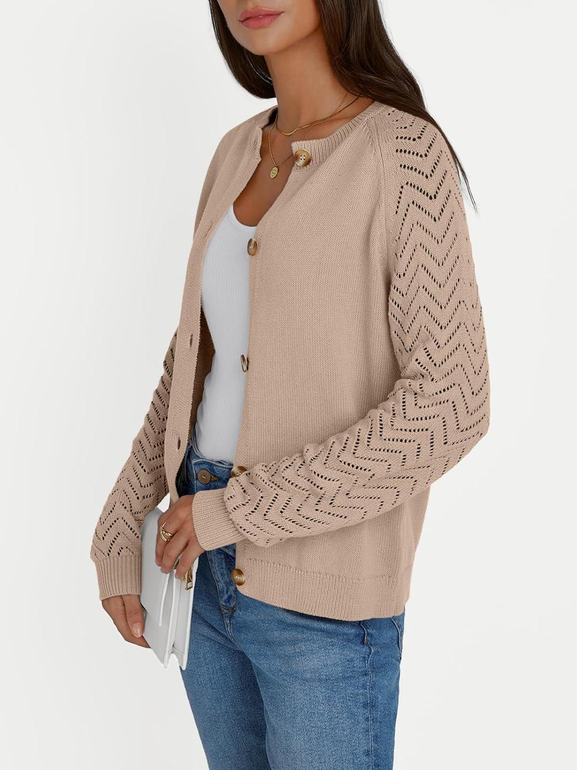 imageLILLUSORY Womens HollowedOut Crochet Cardigan Sweaters Soft Knit Lightweight Slightly Cropped SweaterLight Tan