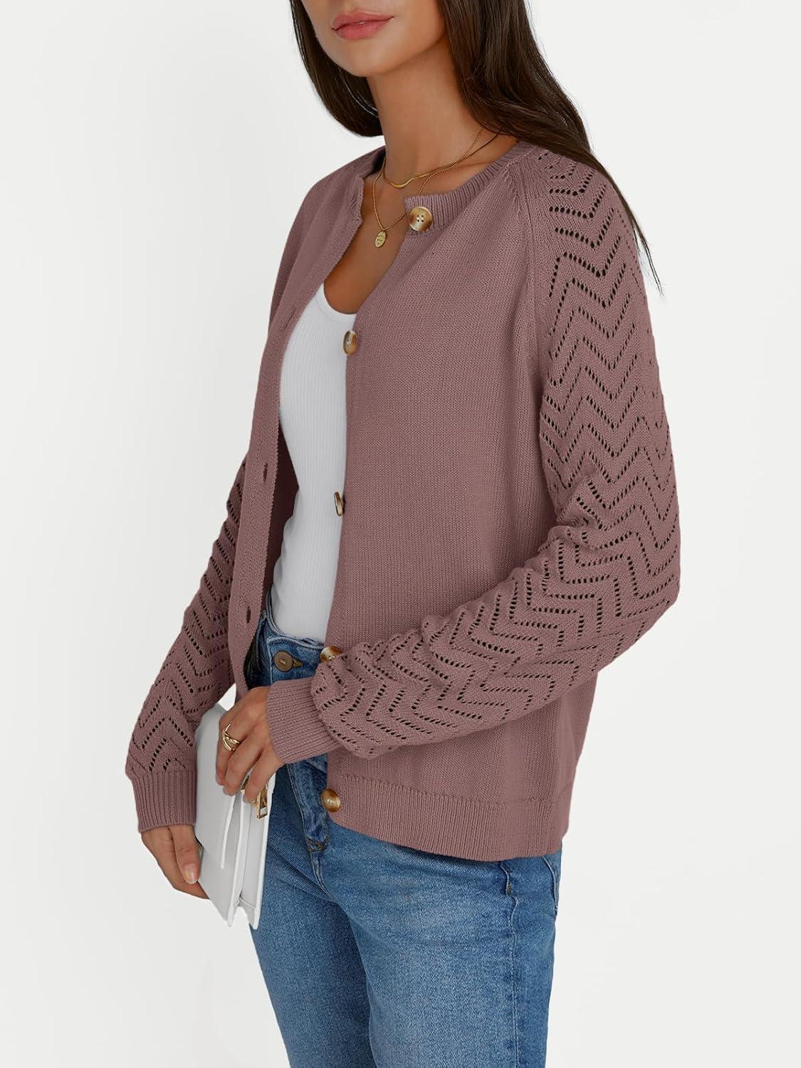 imageLILLUSORY Womens HollowedOut Crochet Cardigan Sweaters Soft Knit Lightweight Slightly Cropped SweaterNutmeg