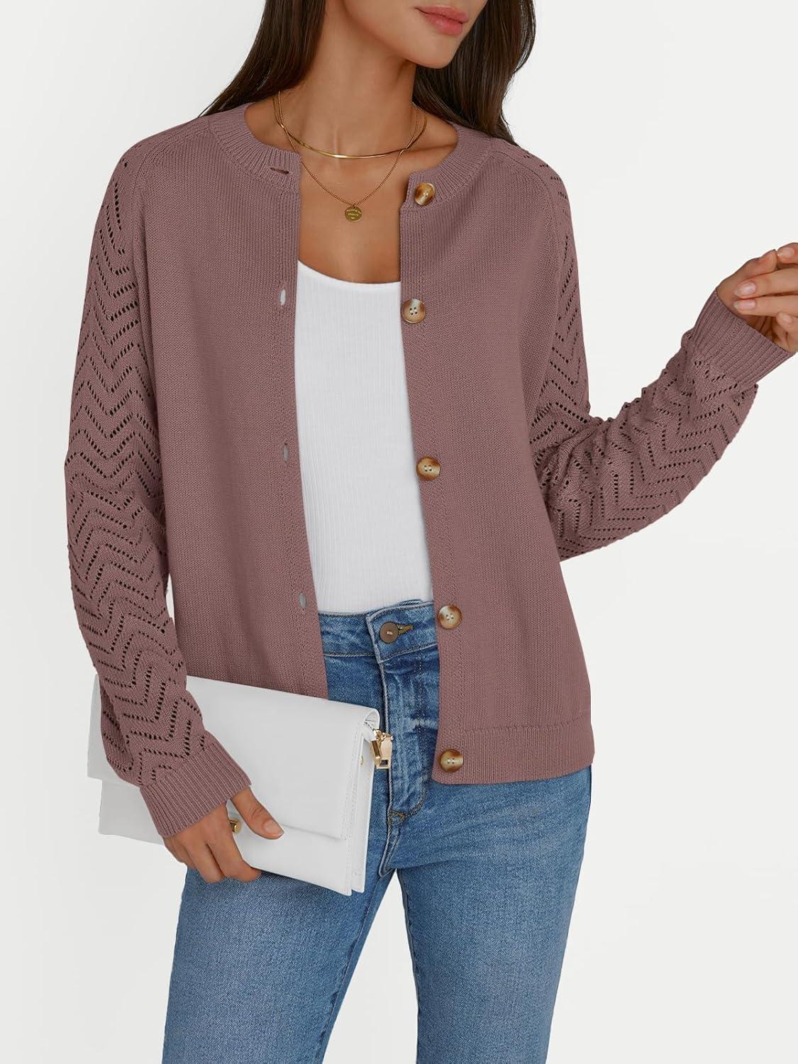 imageLILLUSORY Womens HollowedOut Crochet Cardigan Sweaters Soft Knit Lightweight Slightly Cropped SweaterNutmeg