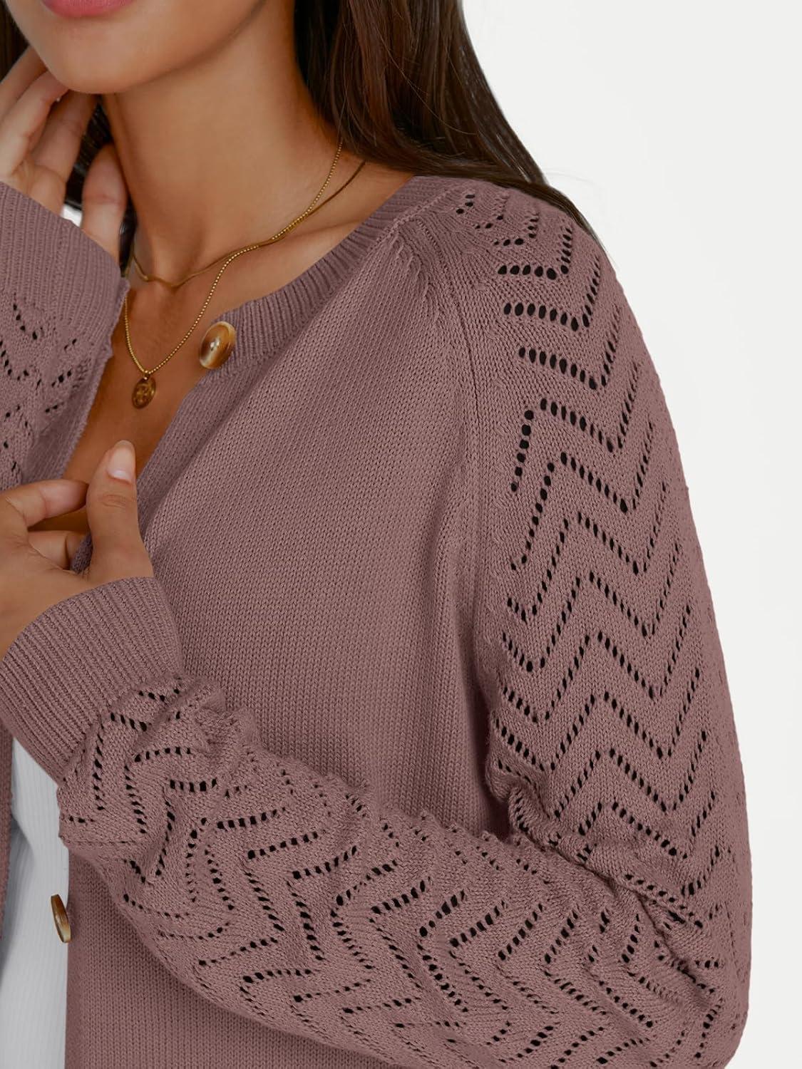 imageLILLUSORY Womens HollowedOut Crochet Cardigan Sweaters Soft Knit Lightweight Slightly Cropped SweaterNutmeg