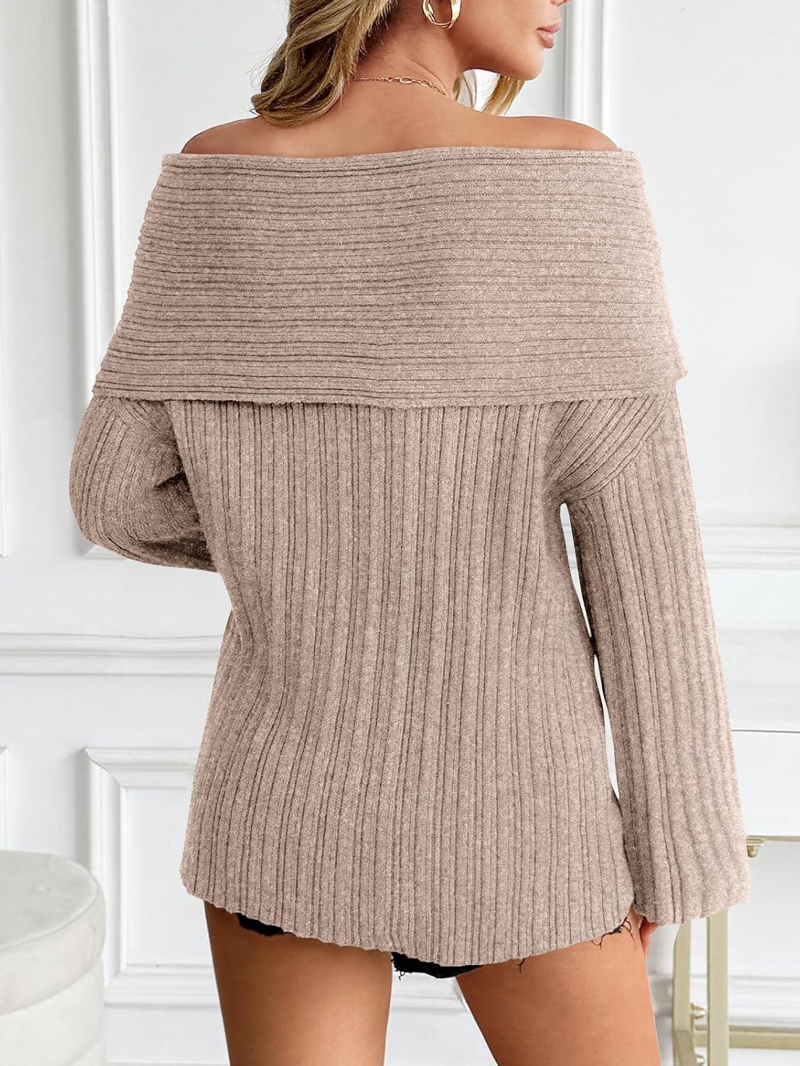 imageLILLUSORY Womens Off The Shoulder Sweaters Oversized Ribbed Knitted Batwing Sleeve Fall Fashion Pullover Sexy Winter ClothesApricot