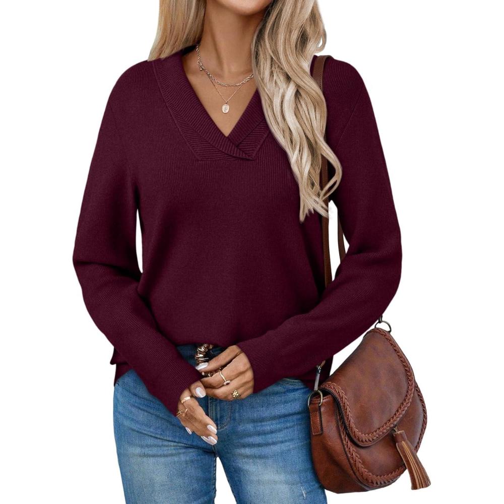 imageLILLUSORY V Neck Lightweight Sweaters for Women Fall Fashion 2025 Outfits Pullover Tops Trendy Tunic Long Sleeve TopsWine Red