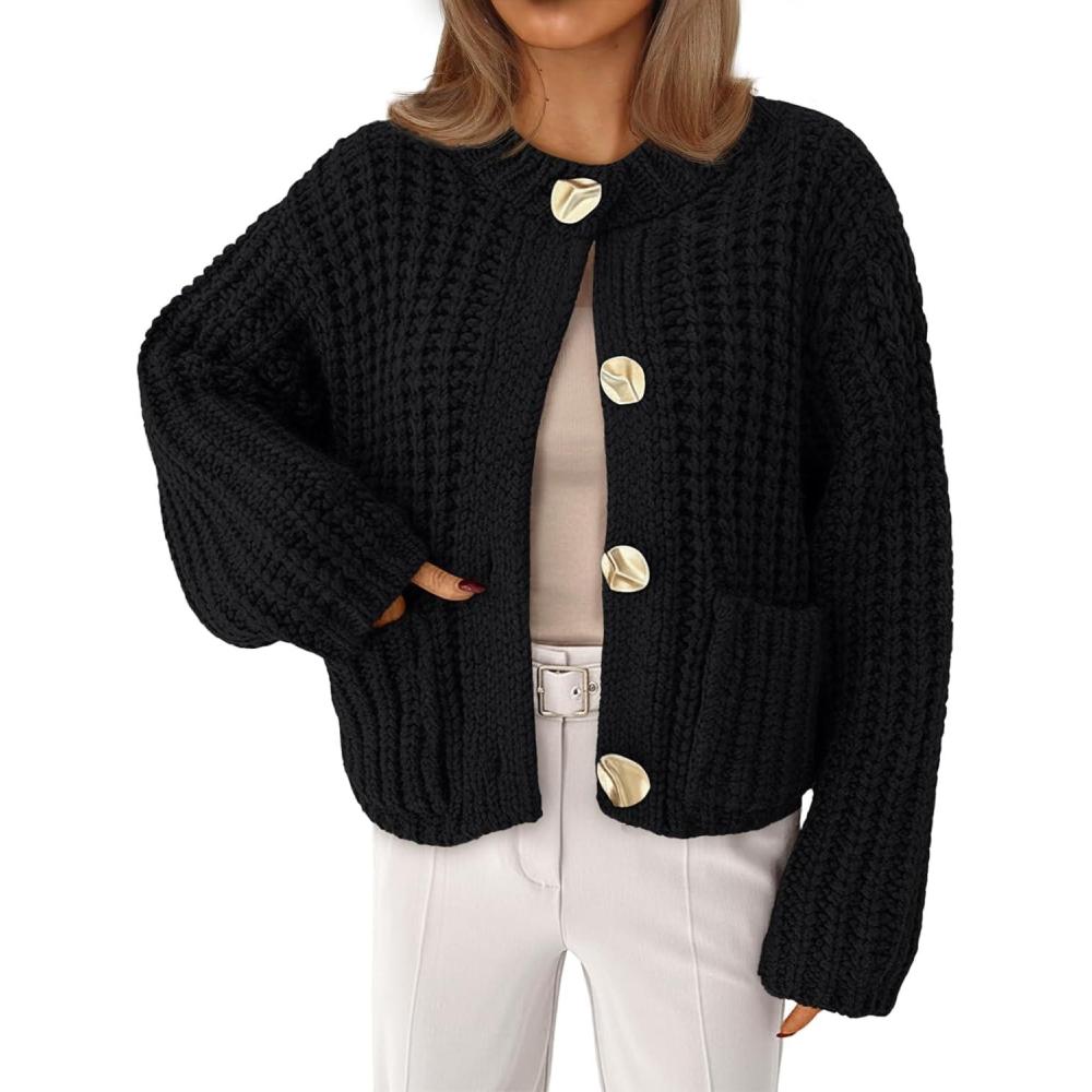 imageLILLUSORY Women Chunky Cropped Cardigan Sweater Fall Oversized Cable Knit Crochet Outfit 2025 Trendy Clothes Cozy Winter CoatBlack