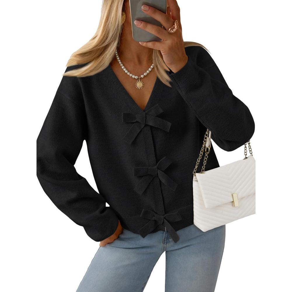imageLILLUSORY Womens Cropped Cardigan Sweater Chunky Knit Tie Front Bow Fall Top V Neck Outfits Cute Cozy Clothes 2025 TrendyBlack