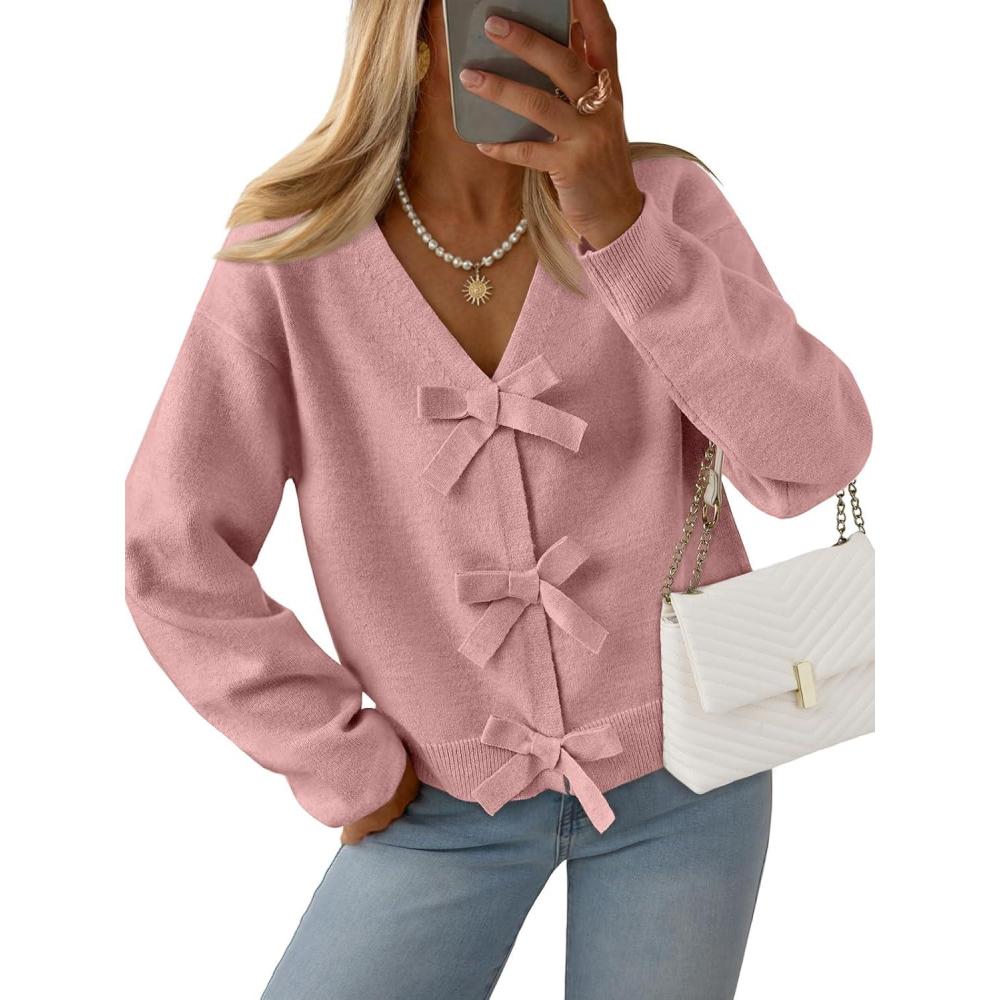 imageLILLUSORY Womens Cropped Cardigan Sweater Chunky Knit Tie Front Bow Fall Top V Neck Outfits Cute Cozy Clothes 2025 TrendyPink