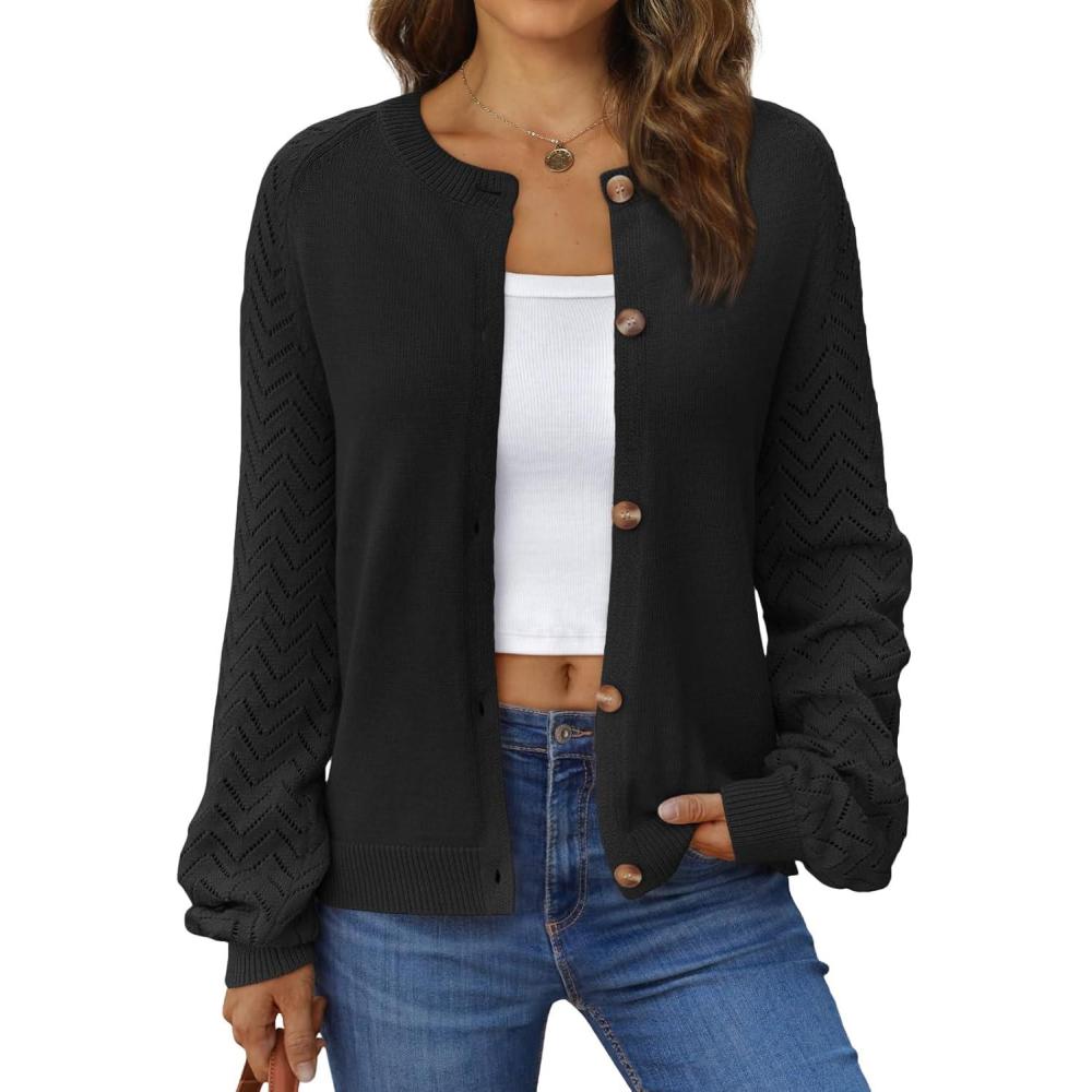 imageLILLUSORY Womens HollowedOut Crochet Cardigan Sweaters Soft Knit Lightweight Slightly Cropped SweaterBlack