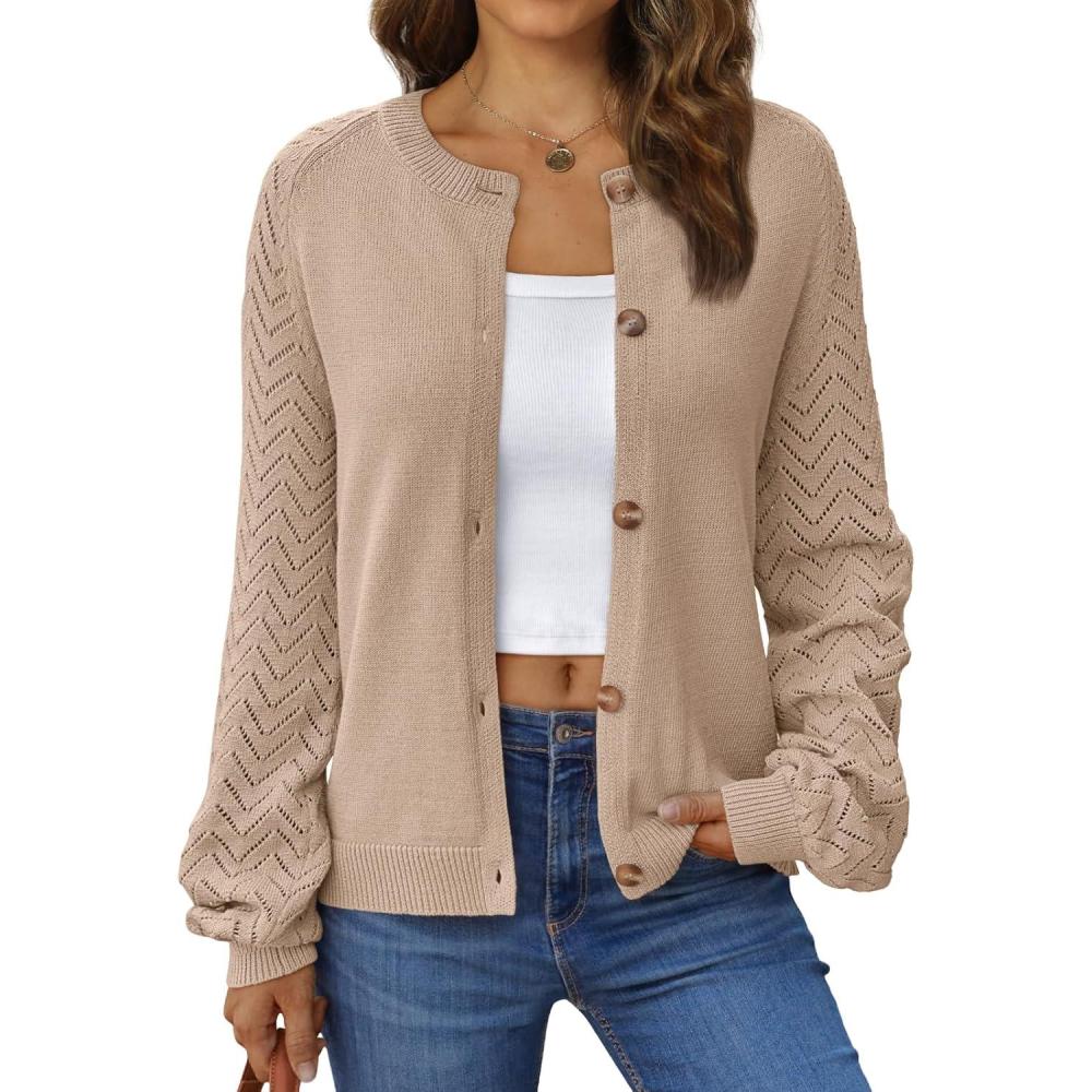 imageLILLUSORY Womens HollowedOut Crochet Cardigan Sweaters Soft Knit Lightweight Slightly Cropped SweaterLight Tan