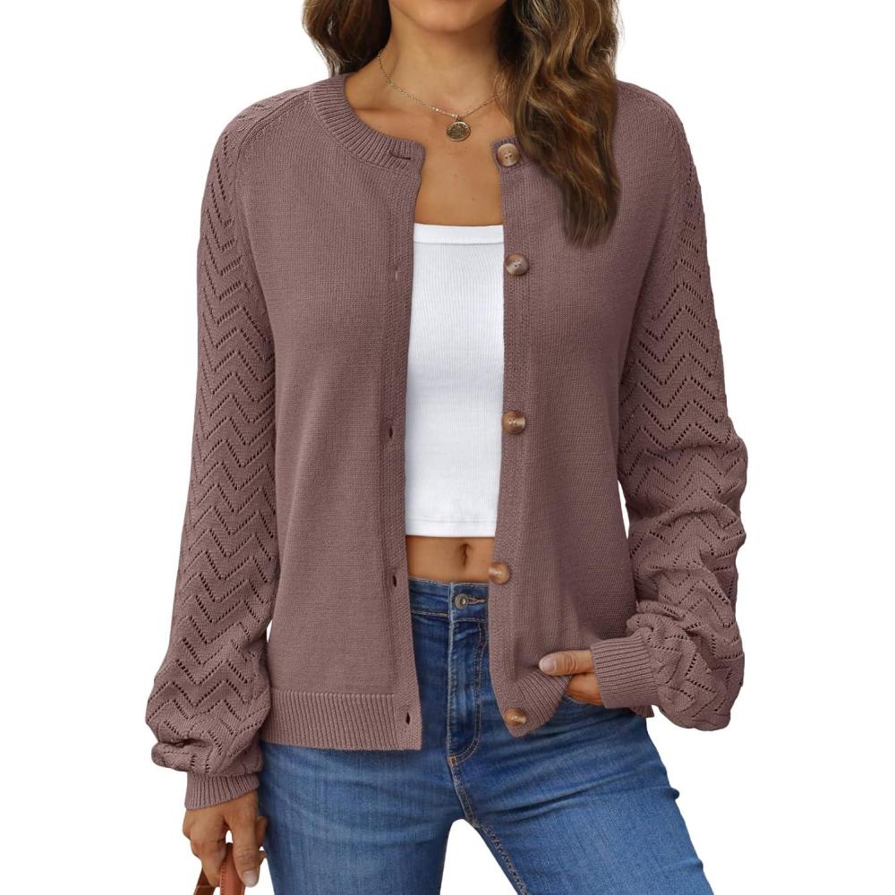 imageLILLUSORY Womens HollowedOut Crochet Cardigan Sweaters Soft Knit Lightweight Slightly Cropped SweaterNutmeg