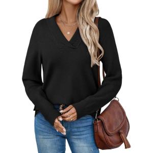 imageLILLUSORY V Neck Lightweight Sweaters for Women Fall Fashion 2025 Outfits Pullover Tops Trendy Tunic Long Sleeve TopsBlack