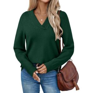 imageLILLUSORY V Neck Lightweight Sweaters for Women Fall Fashion 2025 Outfits Pullover Tops Trendy Tunic Long Sleeve TopsGreen