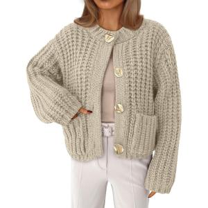 imageLILLUSORY Women Chunky Cropped Cardigan Sweater Fall Oversized Cable Knit Crochet Outfit 2025 Trendy Clothes Cozy Winter CoatBeige