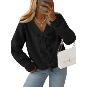 imageLILLUSORY Womens Cropped Cardigan Sweater Chunky Knit Tie Front Bow Fall Top V Neck Outfits Cute Cozy Clothes 2025 TrendyBlack