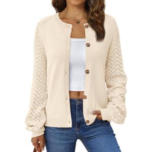 imageLILLUSORY Womens HollowedOut Crochet Cardigan Sweaters Soft Knit Lightweight Slightly Cropped SweaterCream